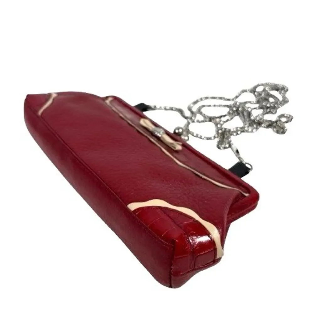 Brighton Red Pebbled & Croc Leather Crossbody Evening Bag Clutch Chain Strap - Picture 16 of 16